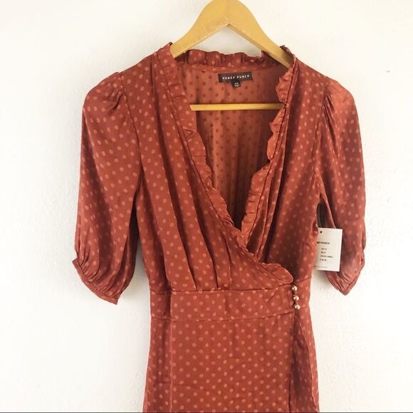 Honey Punch Mariposa Monochromatic Polka Dot Print rust Wrap dress size XS. - Picture 3 of 8